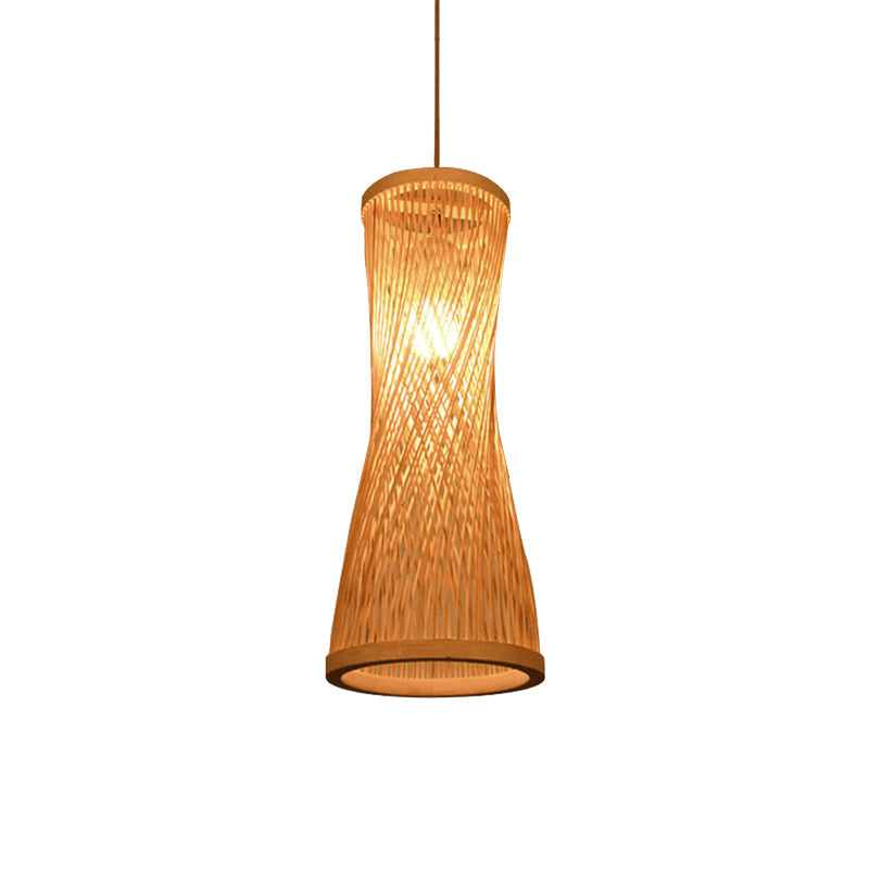 Loft Style 1-Light Bamboo Suspension Pendant - Hourglass Design (6/6.5 Wide) Beige Down Lighting