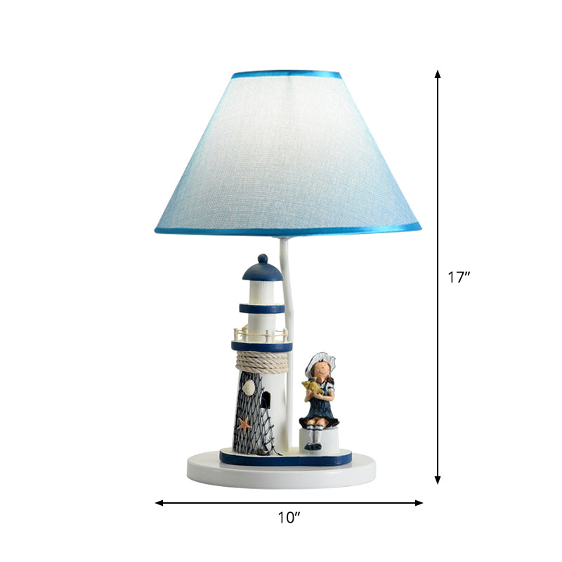 Blue Cartoon Girl/Boy Barrel Shade Night Light: Kids Fabric Table Lamp With Lighthouse Decor