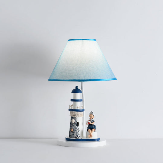 Blue Cartoon Girl/Boy Barrel Shade Night Light: Kids Fabric Table Lamp With Lighthouse Decor