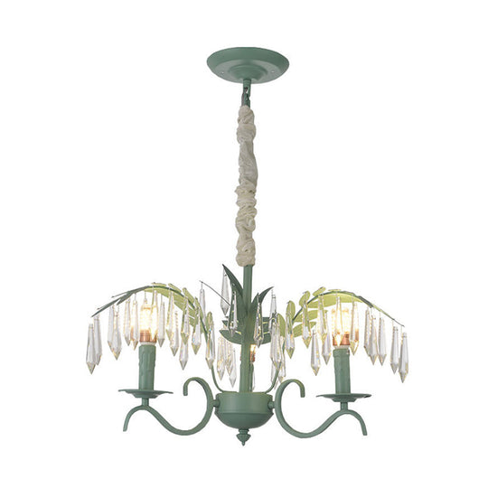 Green Nordic Chandelier: Metal Candle Hanging Light With Leaf & Crystal Detail - 3 Lights Ideal For