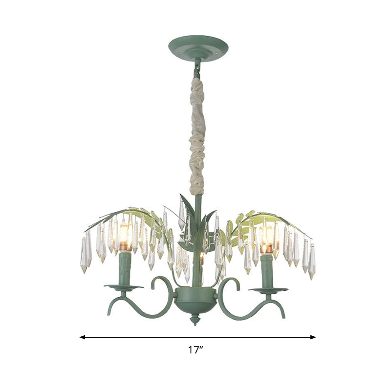 Green Nordic Chandelier: Metal Candle Hanging Light With Leaf & Crystal Detail - 3 Lights Ideal For