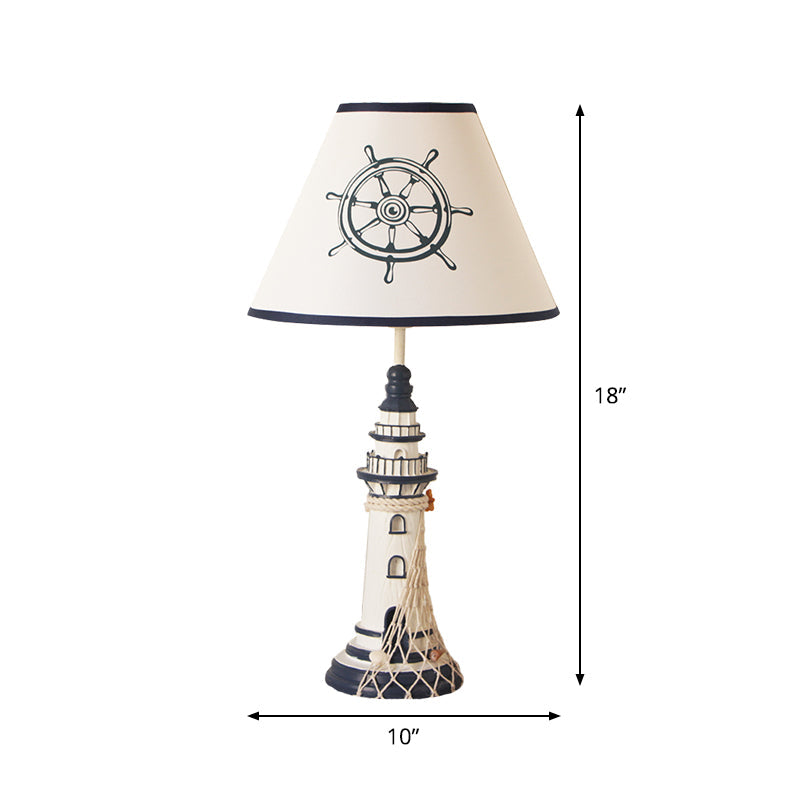 White Tapered Nightstand Lamp For Kids - 1-Light Fabric Table Lighting With Rudder/Lighthouse Base