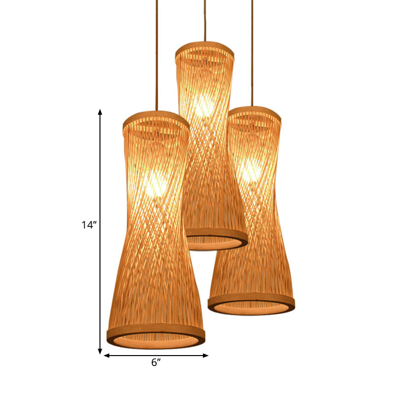 Rustic Beige Hourglass Hanging Lamp Kit With 3 Bamboo Batten Heads - Multiple Ceiling Light