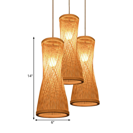 Rustic Beige Hourglass Hanging Lamp Kit With 3 Bamboo Batten Heads - Multiple Ceiling Light