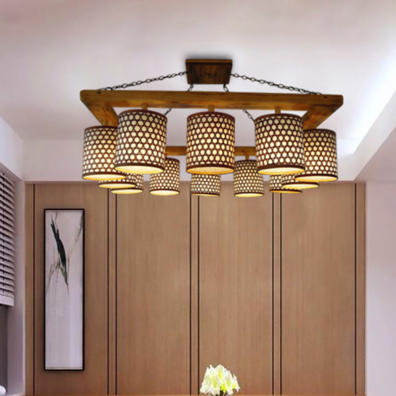 Customizable Wood 12-Light Ceiling Chandelier - Semi Flush Mount with Oblong Beige Frame (7-10 Days for Customization)