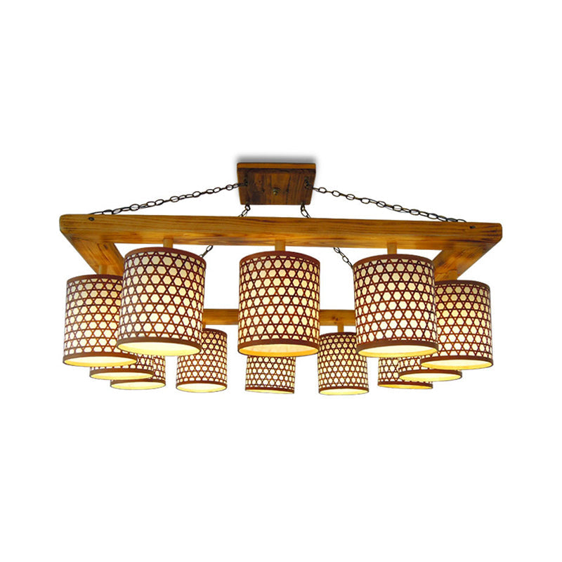 Customizable Wood 12-Light Ceiling Chandelier - Semi Flush Mount with Oblong Beige Frame (7-10 Days for Customization)