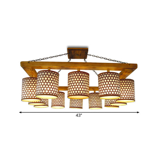 Customizable Wood 12-Light Ceiling Chandelier - Semi Flush Mount with Oblong Beige Frame (7-10 Days for Customization)