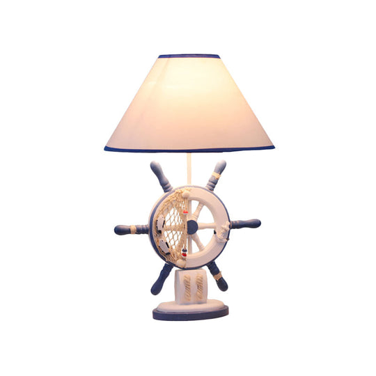 Childrens Blue Night Light Desk Lamp With Resin Rudder Base Single Bulb And White Cone Shade