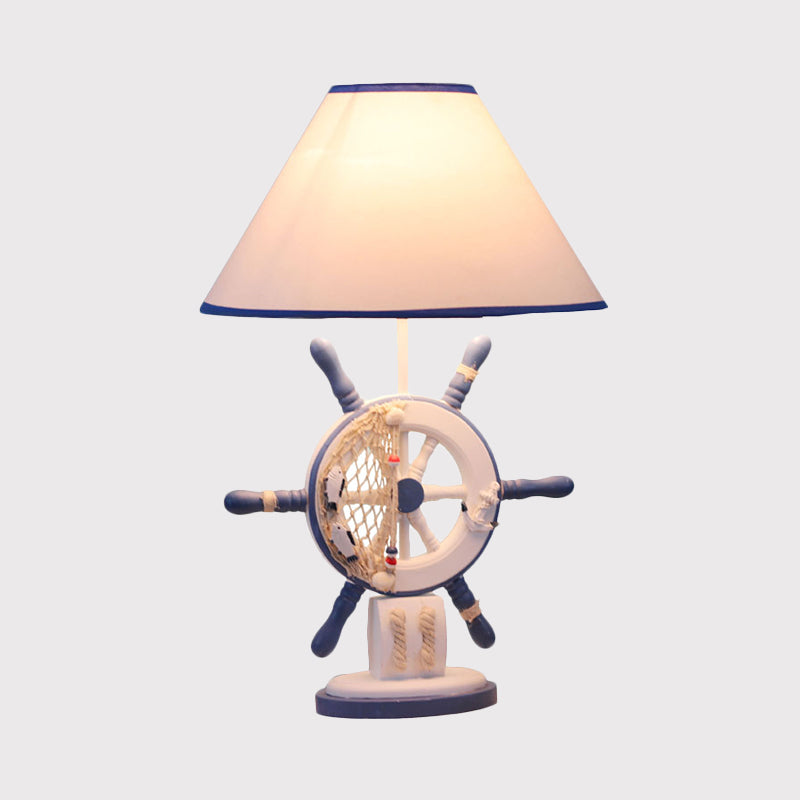 Childrens Blue Night Light Desk Lamp With Resin Rudder Base Single Bulb And White Cone Shade