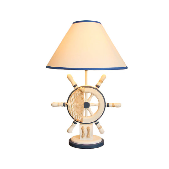 Childrens Blue Night Light Desk Lamp With Resin Rudder Base Single Bulb And White Cone Shade