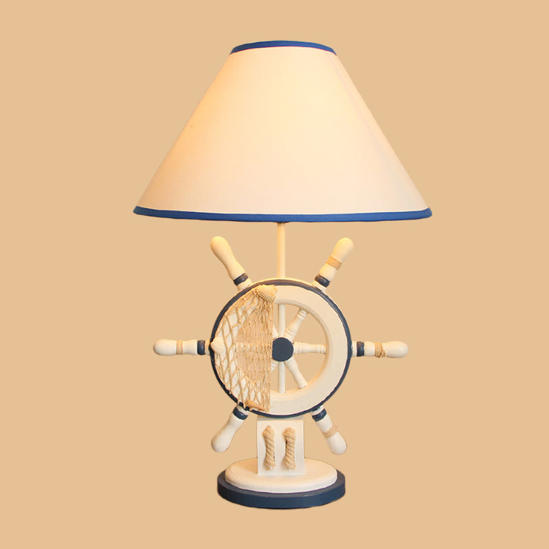 Childrens Blue Night Light Desk Lamp With Resin Rudder Base Single Bulb And White Cone Shade