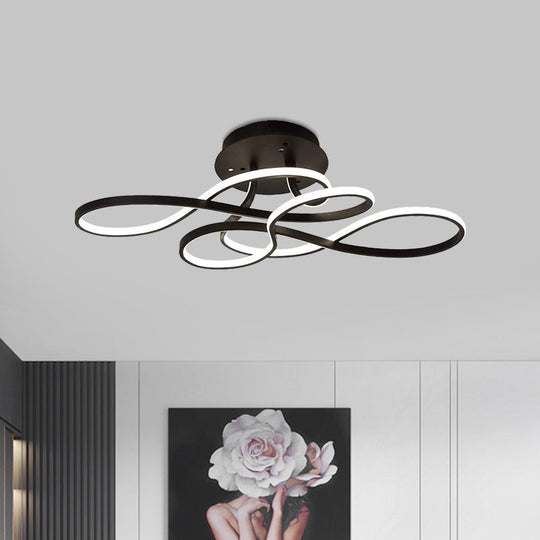 Iron Twisted Ceiling Fixture - Minimalist Black/White LED Semi Mount Lighting with Warm/White Light for Parlor