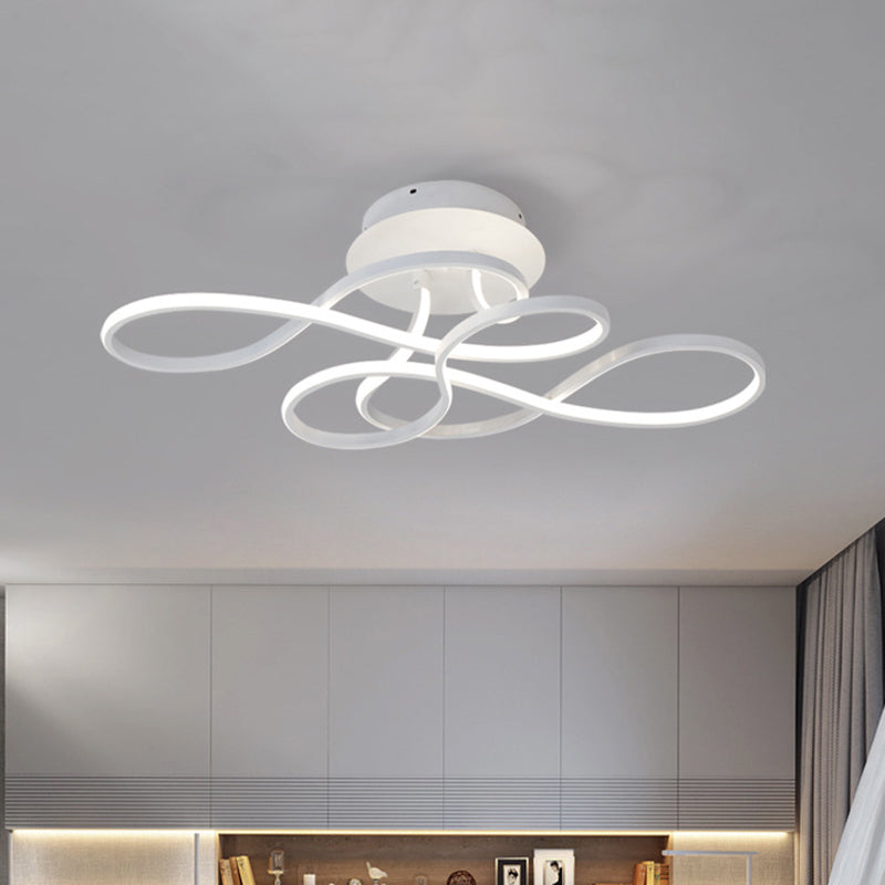 Iron Twisted Ceiling Fixture - Minimalist Black/White LED Semi Mount Lighting with Warm/White Light for Parlor