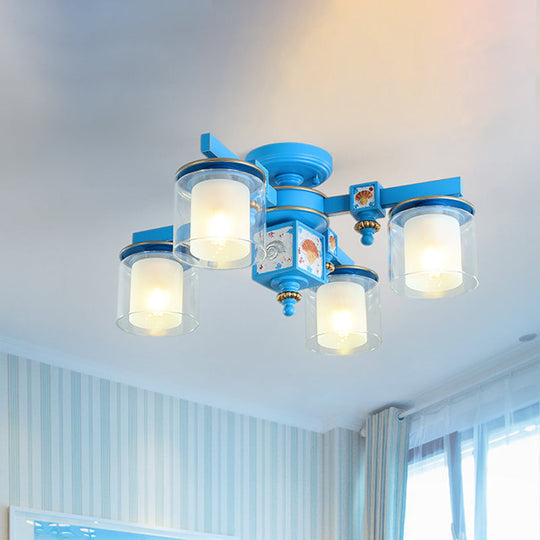 Coastal Blue Playroom Chandelier with Dual Clear and Opaline Glass Shades - Semi Flush Mount