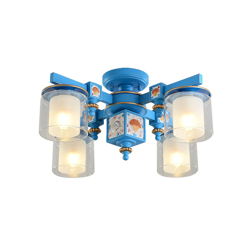 Coastal Blue Playroom Chandelier with Dual Clear and Opaline Glass Shades - Semi Flush Mount