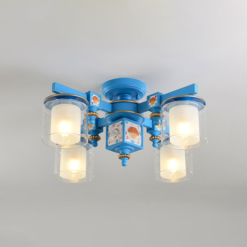 Coastal Blue Playroom Chandelier with Dual Clear and Opaline Glass Shades - Semi Flush Mount