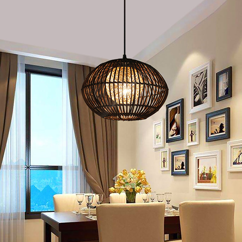 Spherical Bamboo Cage Pendant Light In Beige Loft Style Dining Room Ceiling Lamp (1 Head) - 16 Or