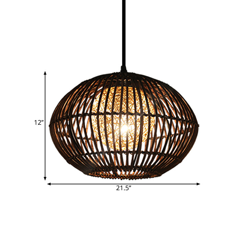 Spherical Bamboo Cage Pendant Light In Beige Loft Style Dining Room Ceiling Lamp (1 Head) - 16 Or