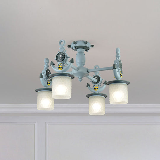 Modernist Cylinder Ceiling Light Fixture with Frosted Dimpled Glass - 4 Bulbs, Blue Anchor Design - Nursery Semi Flush