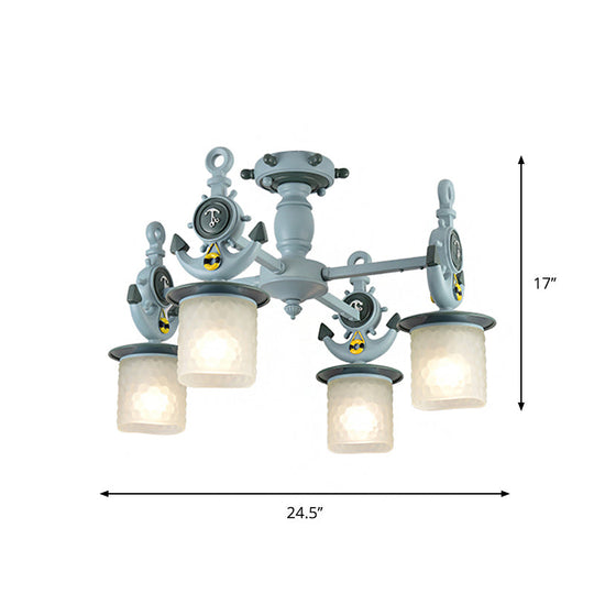 Modernist Cylinder Ceiling Light Fixture with Frosted Dimpled Glass - 4 Bulbs, Blue Anchor Design - Nursery Semi Flush