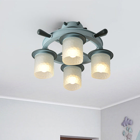 Blue Cartoon Cylinder Ceiling Lamp with Frosted Glass and Rudder Design - 4 Heads, Semi Flush, Ideal for Bedroom Lighting