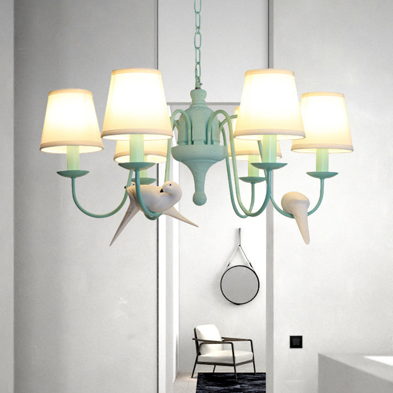 Green Fabric Tapered Shade Chandelier: Vivid Bird Design 6 Lights - Contemporary Hanging Light