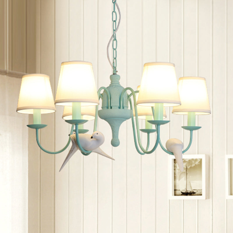 Green Fabric Tapered Shade Chandelier: Vivid Bird Design 6 Lights - Contemporary Hanging Light