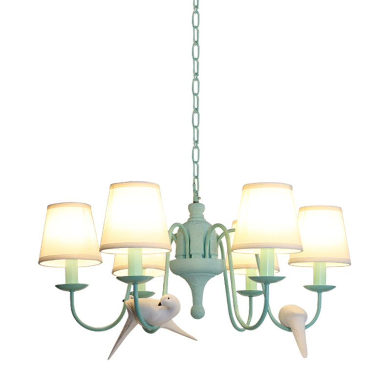 Green Fabric Tapered Shade Chandelier: Vivid Bird Design 6 Lights - Contemporary Hanging Light