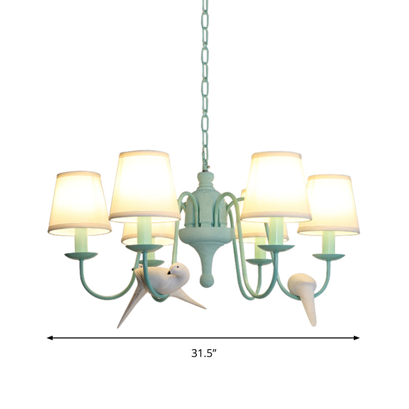 Green Fabric Tapered Shade Chandelier: Vivid Bird Design 6 Lights - Contemporary Hanging Light