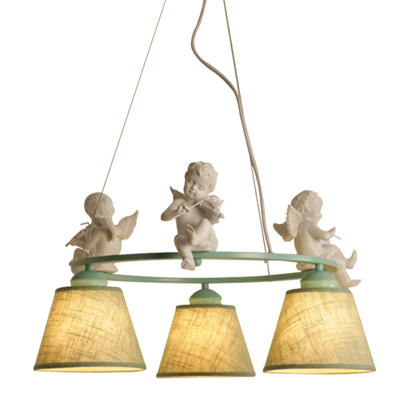 Green Rustic Style Ring Villa Chandelier With Bird & Tapered Shade