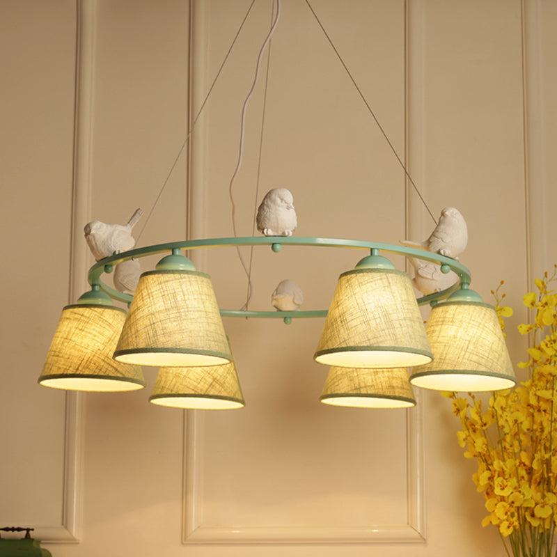 Green Rustic Style Ring Villa Chandelier With Bird & Tapered Shade