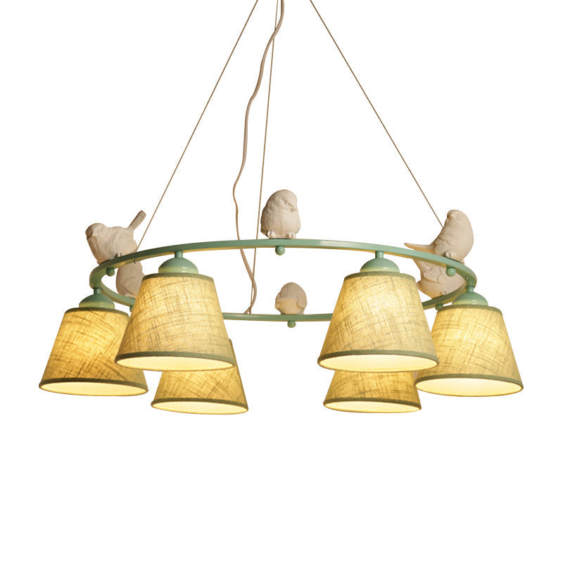 Green Rustic Style Ring Villa Chandelier With Bird & Tapered Shade