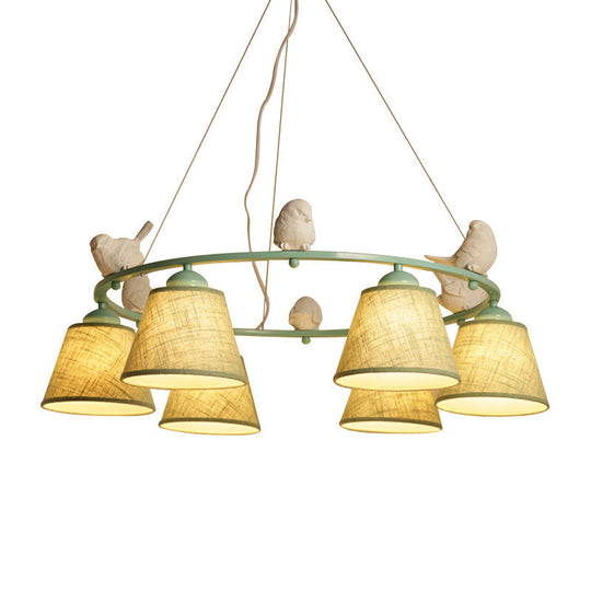 Green Rustic Style Ring Villa Chandelier With Bird & Tapered Shade