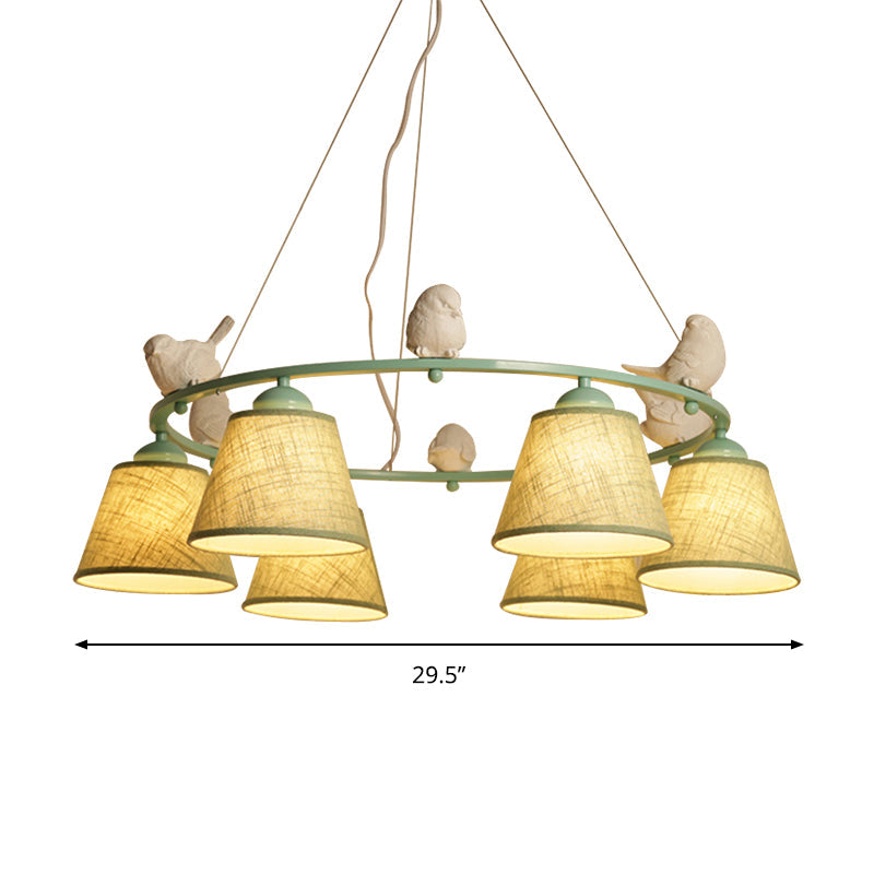 Green Rustic Style Ring Villa Chandelier With Bird & Tapered Shade