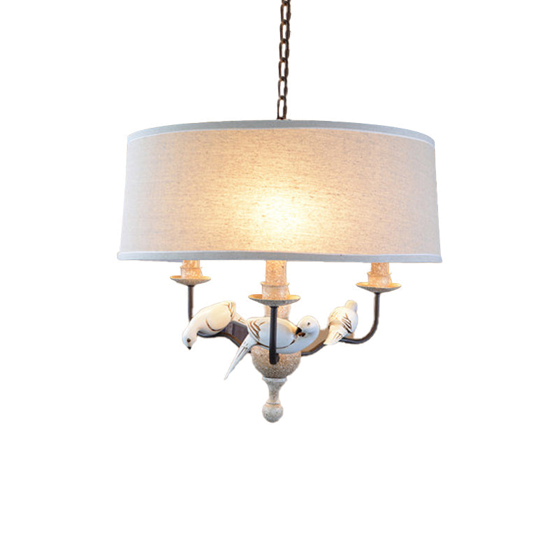 White Pigeon Fabric Chandelier - 3-Light Drum Hanging Light For Dining Room