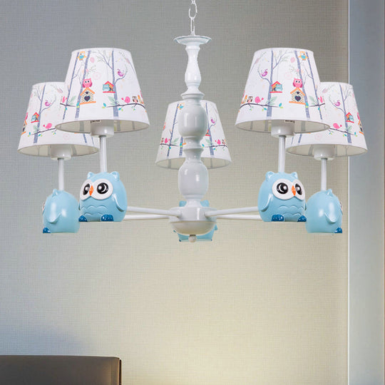 Blue Owl Suspension Light - Cartoon Metal Chandelier For Nursing Room