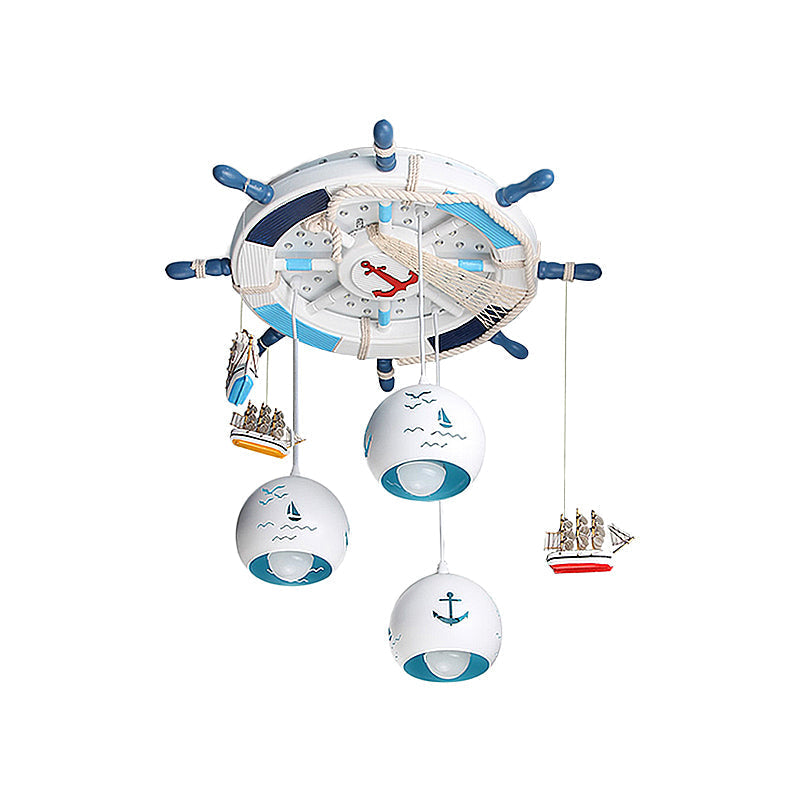 Nautical Rudder Pendant Light In Blue For Kids Bedroom With Ship Wood Hanging Design