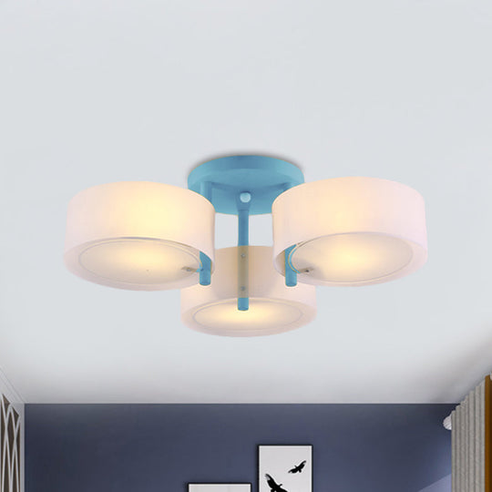 Sleek Macaron Semi Flush Mount Ceiling Light with Frosted Glass Drum Shade - 3 Lights for Kids' Bedroom