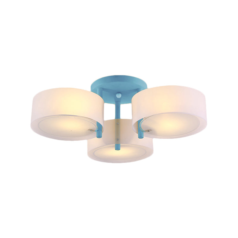 Sleek Macaron Semi Flush Mount Ceiling Light with Frosted Glass Drum Shade - 3 Lights for Kids' Bedroom