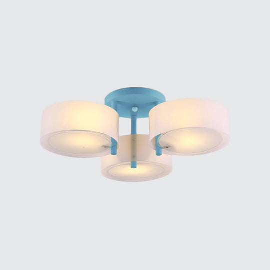 Sleek Macaron Semi Flush Mount Ceiling Light with Frosted Glass Drum Shade - 3 Lights for Kids' Bedroom