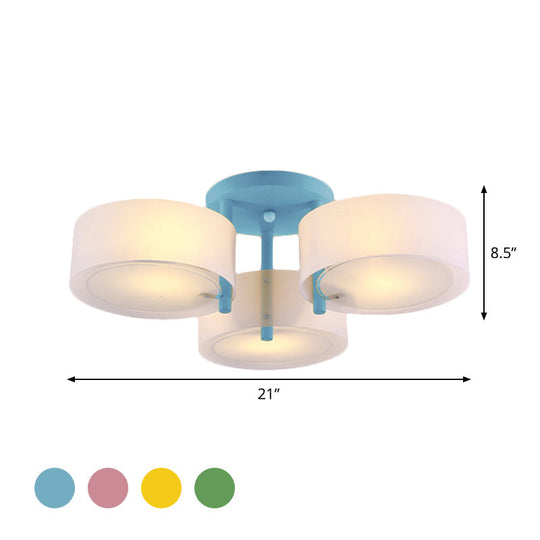 Sleek Macaron Semi Flush Mount Ceiling Light with Frosted Glass Drum Shade - 3 Lights for Kids' Bedroom