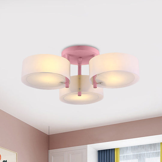 Sleek Macaron Semi Flush Mount Ceiling Light with Frosted Glass Drum Shade - 3 Lights for Kids' Bedroom