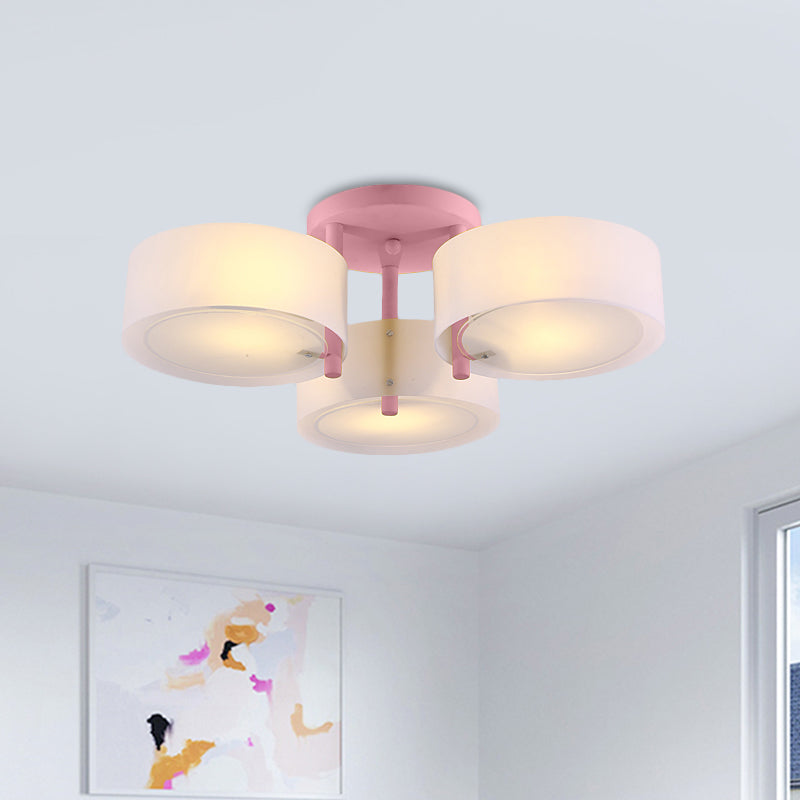 Sleek Macaron Semi Flush Mount Ceiling Light with Frosted Glass Drum Shade - 3 Lights for Kids' Bedroom