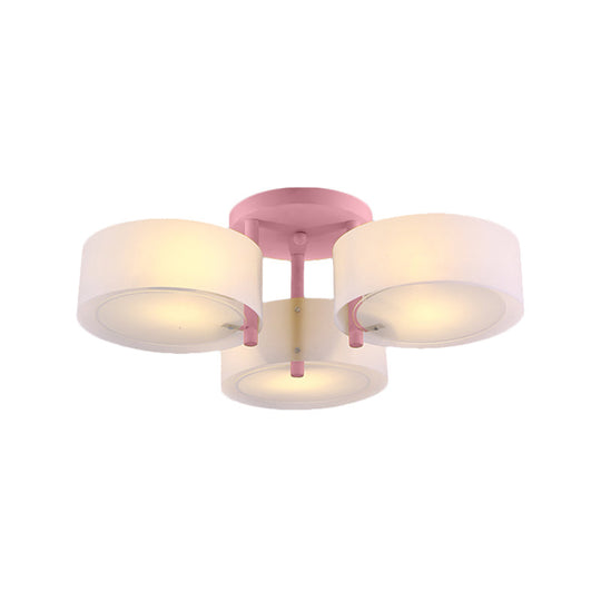 Sleek Macaron Semi Flush Mount Ceiling Light with Frosted Glass Drum Shade - 3 Lights for Kids' Bedroom