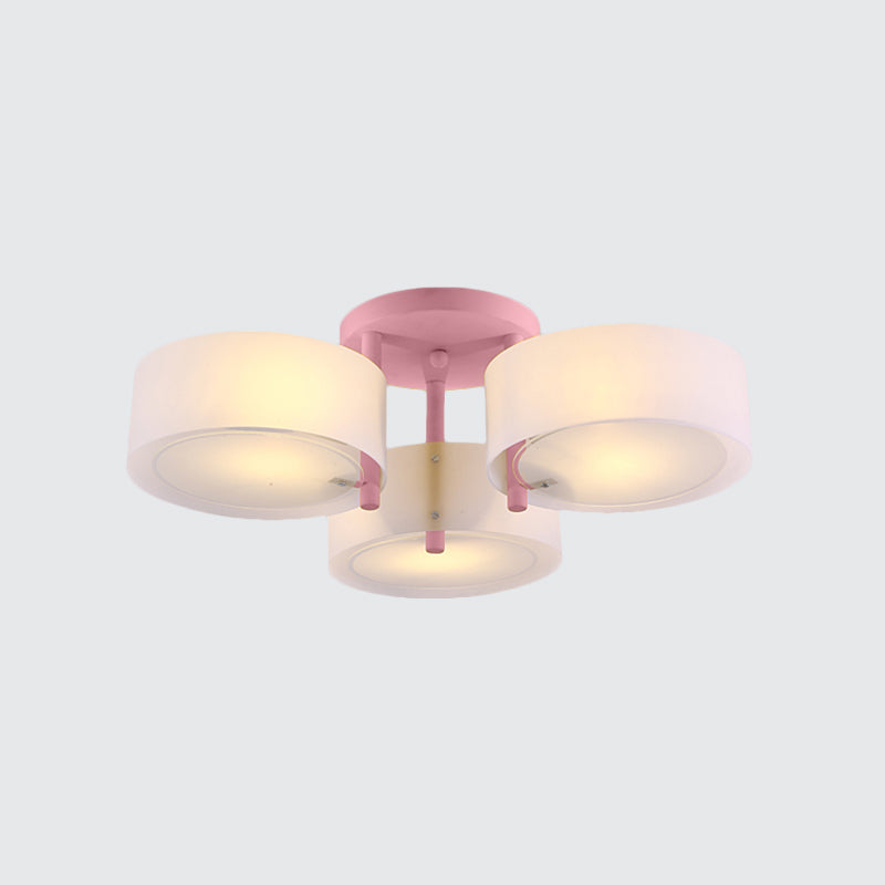 Sleek Macaron Semi Flush Mount Ceiling Light with Frosted Glass Drum Shade - 3 Lights for Kids' Bedroom