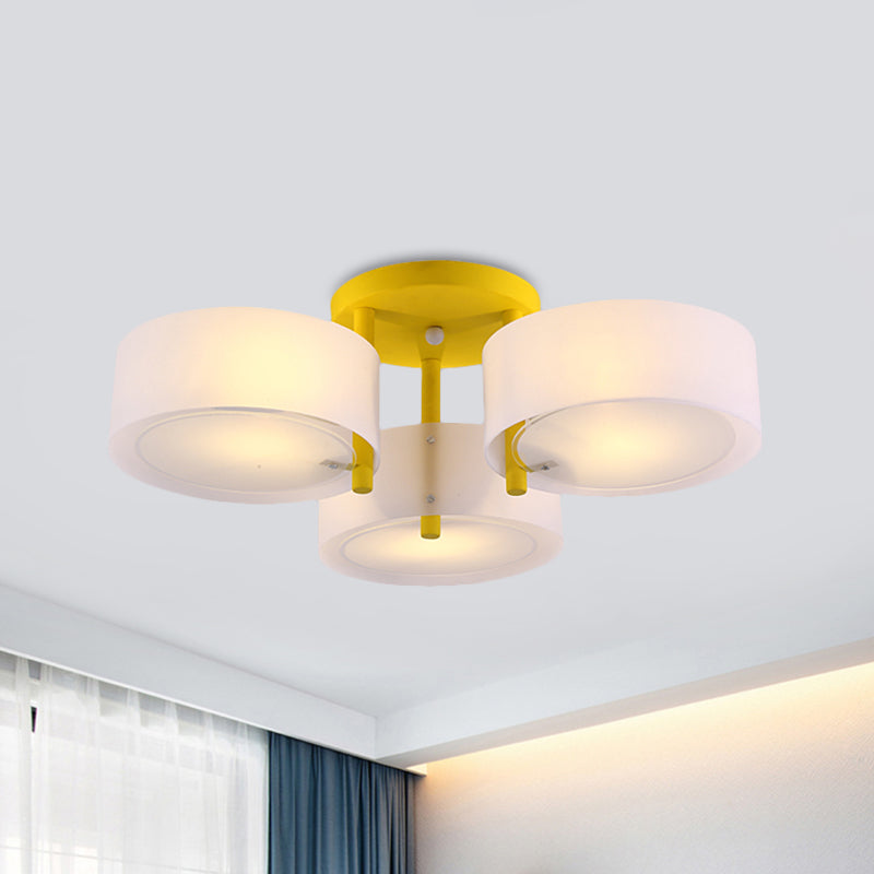 Sleek Macaron Semi Flush Mount Ceiling Light with Frosted Glass Drum Shade - 3 Lights for Kids' Bedroom