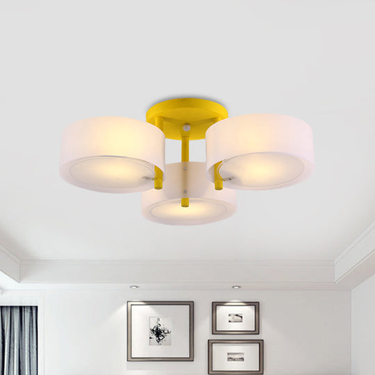 Sleek Macaron Semi Flush Mount Ceiling Light with Frosted Glass Drum Shade - 3 Lights for Kids' Bedroom