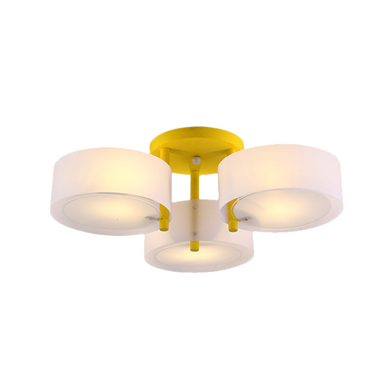 Sleek Macaron Semi Flush Mount Ceiling Light with Frosted Glass Drum Shade - 3 Lights for Kids' Bedroom