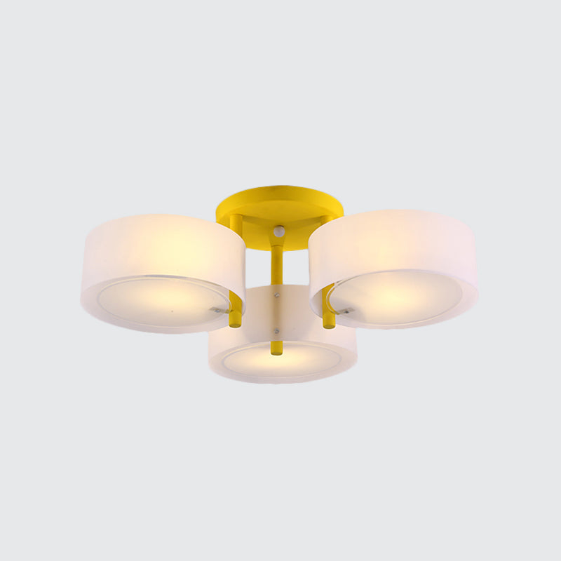 Sleek Macaron Semi Flush Mount Ceiling Light with Frosted Glass Drum Shade - 3 Lights for Kids' Bedroom