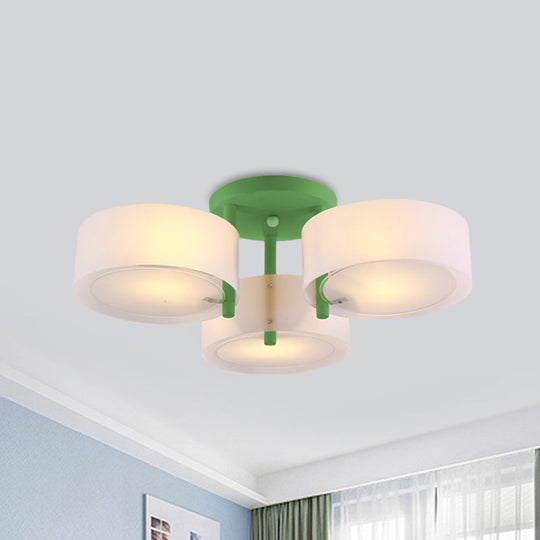 Sleek Macaron Semi Flush Mount Ceiling Light with Frosted Glass Drum Shade - 3 Lights for Kids' Bedroom